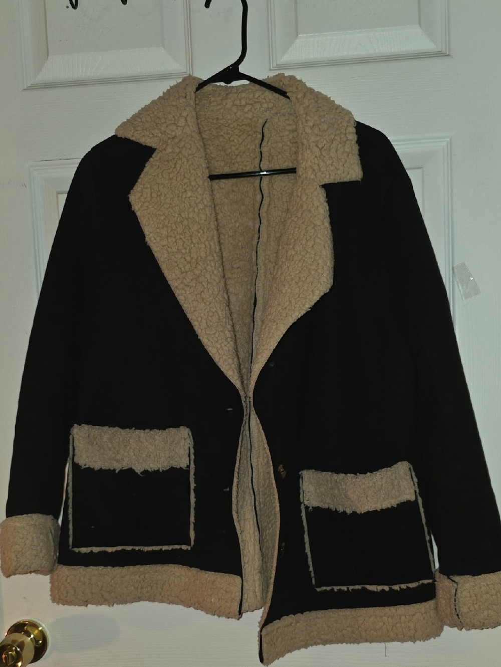 Women's Black Coat with Tan Sherpa Lining - Cozy